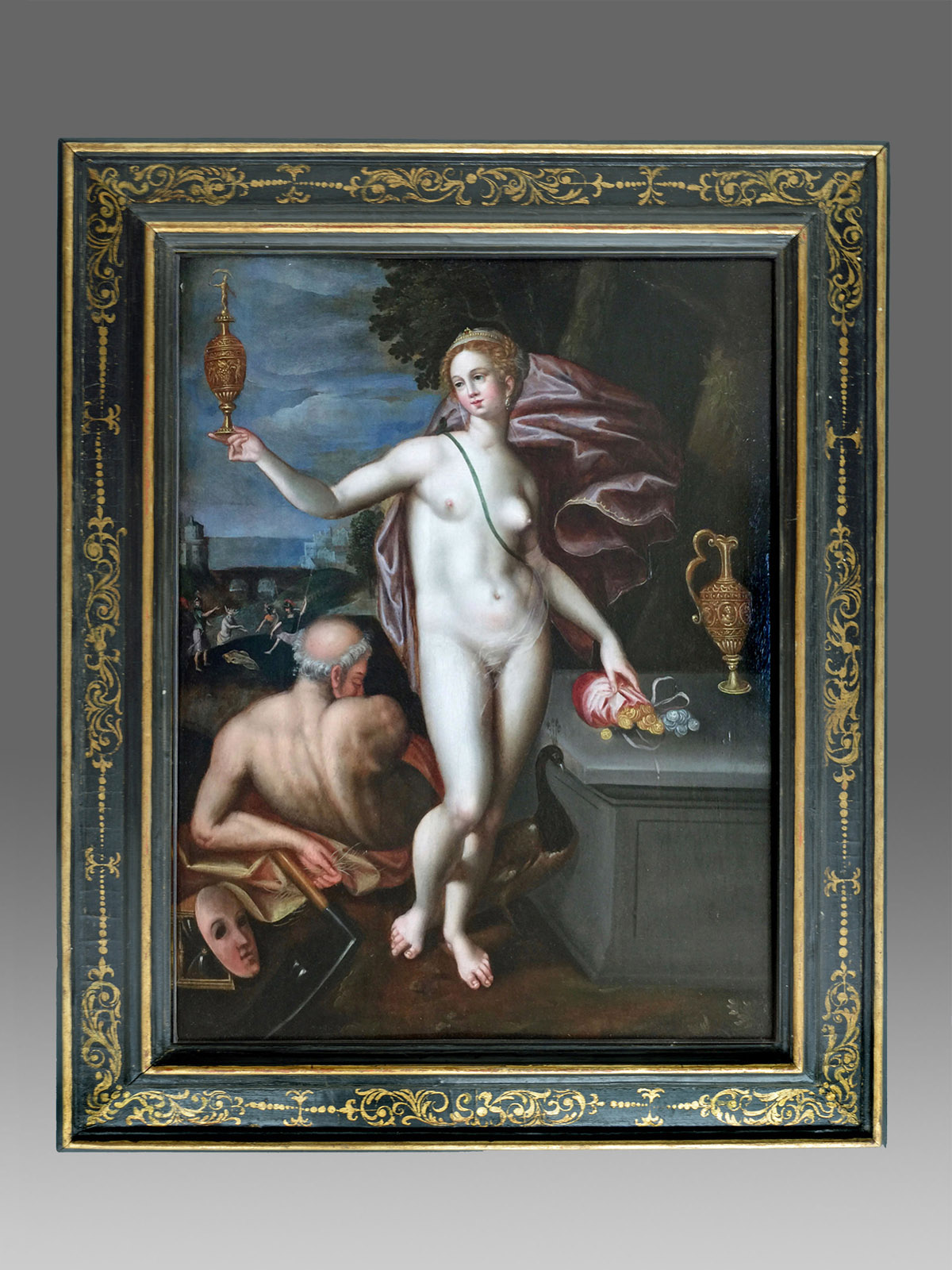 The naked Juno is depicted standing, with Saturn to her left.